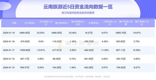 云南旅游资金流向一览表 1月19日